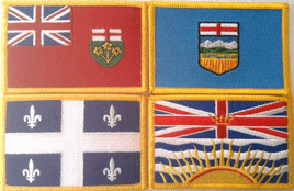 a photo of four rectangle flag patches of Canadian Provinces or Territories 