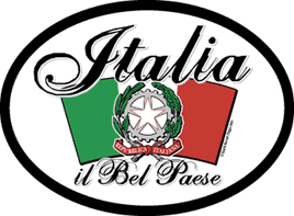 an oval decal with the phrase "Italia" on top, an image of the Italian flag in the middle, and the phrase "il Bel Paese" on the bottom