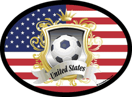 an image of an oval decal with the US flag as the background and a soccer ball in the foreground, labeled "united states" in the bottom center