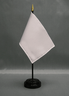 an image of a solid white miniature flag with a pointed gold top in a black circular flag stand