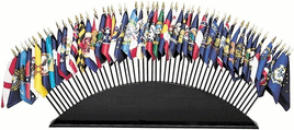 a photo of several world miniature flags set in a thin curved black base