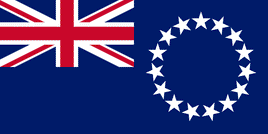 an image of the flag of the cook islands: the background is navy blue, the union jack is in the top left corner, and a circle of white five pointed stars is on the right side