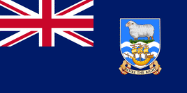 an image of the flag of the falkland islands: the background is navy blue, the union jack is in the top left corner, and a light blue shield with a sheep on it is on the right side