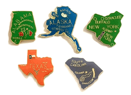 a photo of five lapel pins, each in the shape of a different US state