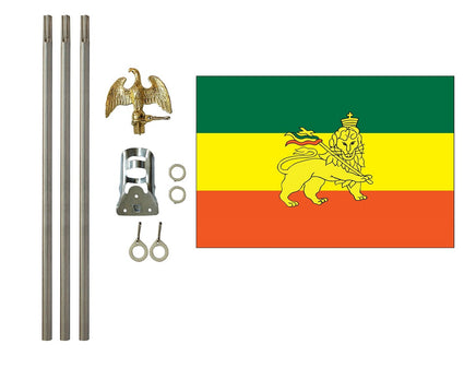 three foot by five foot Ethiopia with Lion Polyester Flag with six foot Flagpole Kit