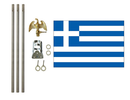 three by five foot Greece Polyester Flag with six foot Flagpole Kit